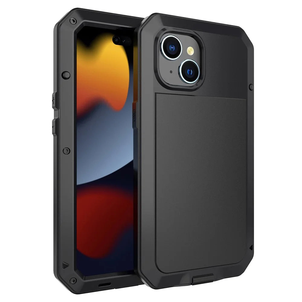 Phone Case with Tempered Glass Film for iPhone 15 , Silicone+PC+Metal Anti-drop Phone Cover - Black - 1