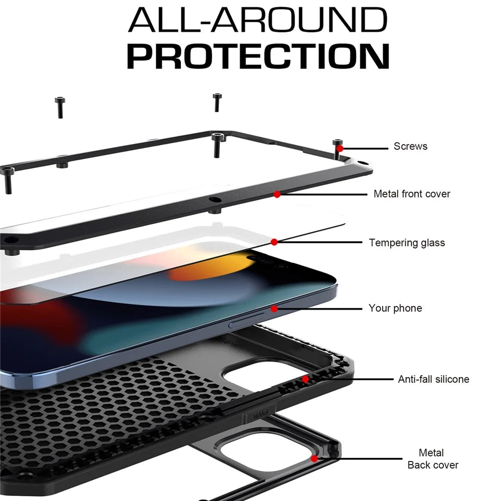 Phone Case with Tempered Glass Film for iPhone 15 , Silicone+PC+Metal Anti-drop Phone Cover - Black - 2