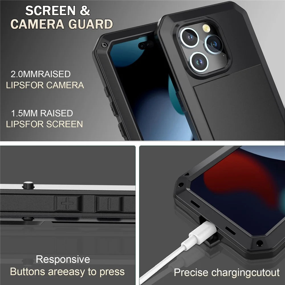 Phone Case with Tempered Glass Film for iPhone 15 , Silicone+PC+Metal Anti-drop Phone Cover - Black - 3
