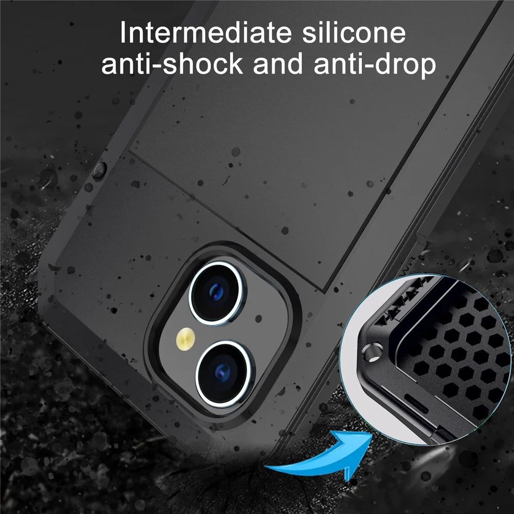 Phone Case with Tempered Glass Film for iPhone 15 , Silicone+PC+Metal Anti-drop Phone Cover - Black - 5