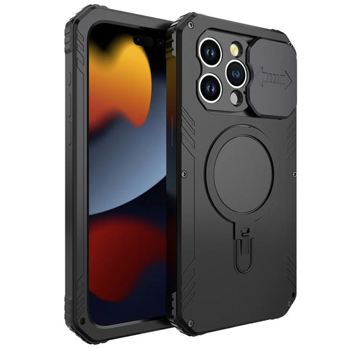 Metal+Silicone Camera Slider Phone Case for iPhone 15 Shockproof Cover Compatible with MagSafe with Tempered Glass Film - Black - 1