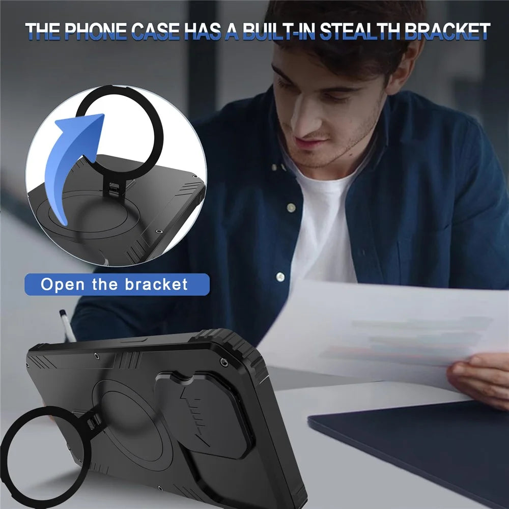 Metal+Silicone Camera Slider Phone Case for iPhone 15 Shockproof Cover Compatible with MagSafe with Tempered Glass Film - Black - 7