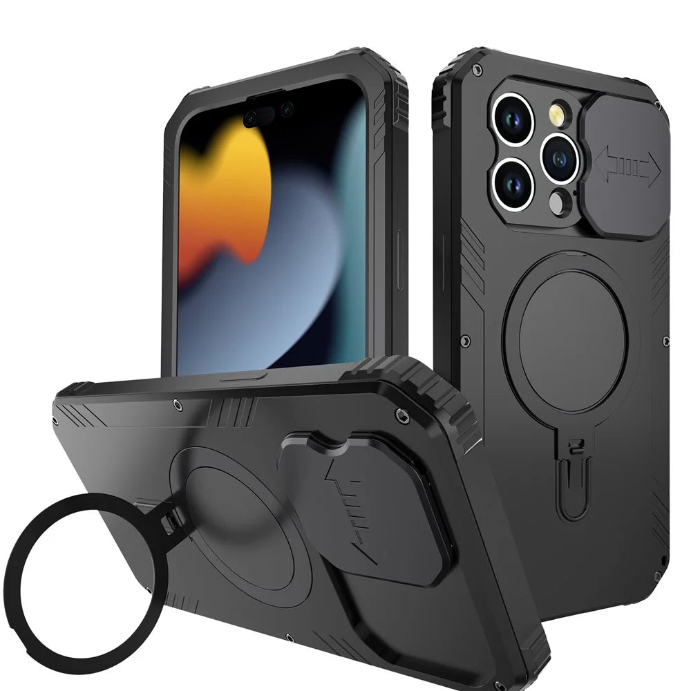 Magnetic Drop-roof Metal+Silicone Case for iPhone 15 Pro Camera Slider Tempered Glass Film Cover Compatible with MagSafe - Black - 2