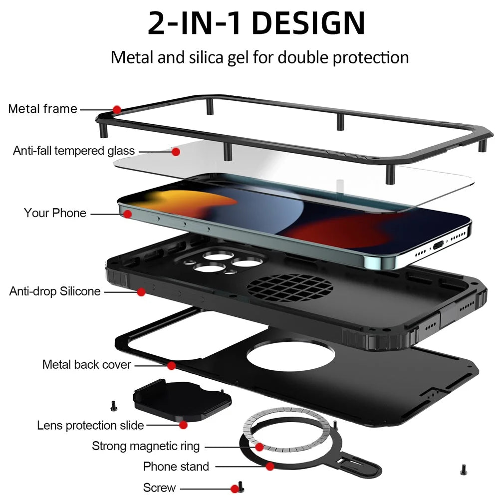 Magnetic Drop-roof Metal+Silicone Case for iPhone 15 Pro Camera Slider Tempered Glass Film Cover Compatible with MagSafe - Black - 3