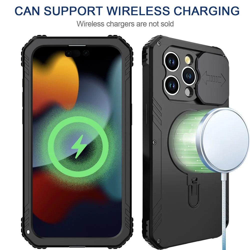 Magnetic Drop-roof Metal+Silicone Case for iPhone 15 Pro Camera Slider Tempered Glass Film Cover Compatible with MagSafe - Black - 4