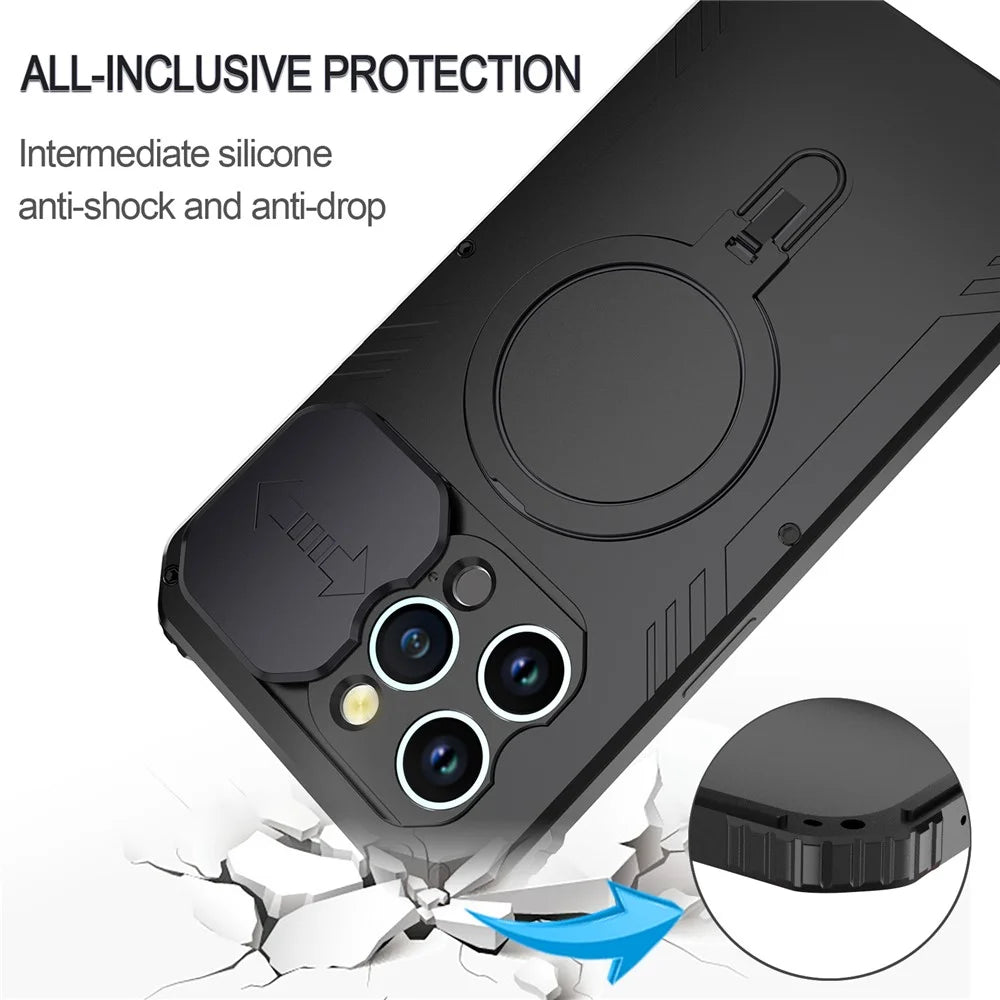 Magnetic Drop-roof Metal+Silicone Case for iPhone 15 Pro Camera Slider Tempered Glass Film Cover Compatible with MagSafe - Black - 6