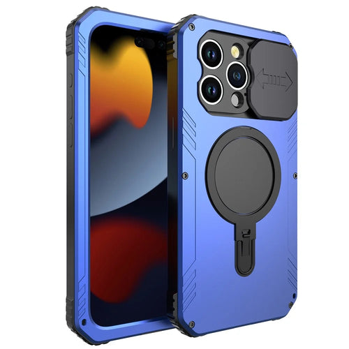 Camera Slider Anti-drop Phone Case for iPhone 15 Pro Max Metal+Silicone Cover with Tempered Glass Film Compatible with MagSafe - Blue - 1