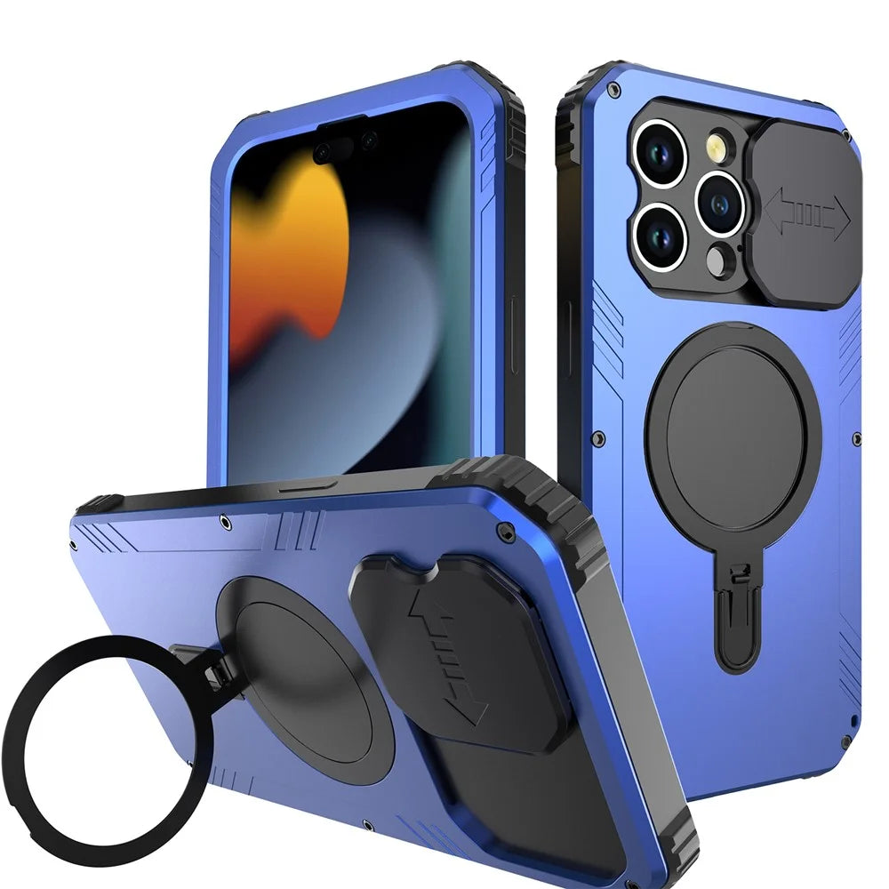 Camera Slider Anti-drop Phone Case for iPhone 15 Pro Max Metal+Silicone Cover with Tempered Glass Film Compatible with MagSafe - Blue - 2