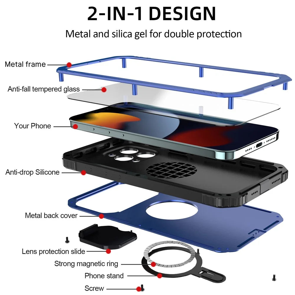 Camera Slider Anti-drop Phone Case for iPhone 15 Pro Max Metal+Silicone Cover with Tempered Glass Film Compatible with MagSafe - Blue - 3