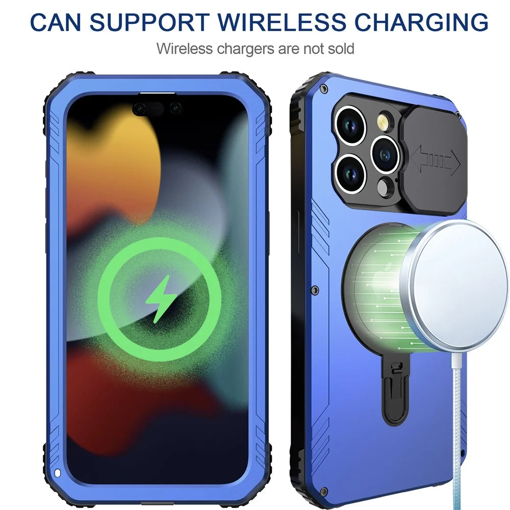 Camera Slider Anti-drop Phone Case for iPhone 15 Pro Max Metal+Silicone Cover with Tempered Glass Film Compatible with MagSafe - Blue - 4
