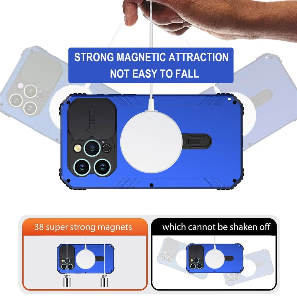 Camera Slider Anti-drop Phone Case for iPhone 15 Pro Max Metal+Silicone Cover with Tempered Glass Film Compatible with MagSafe - Blue - 5