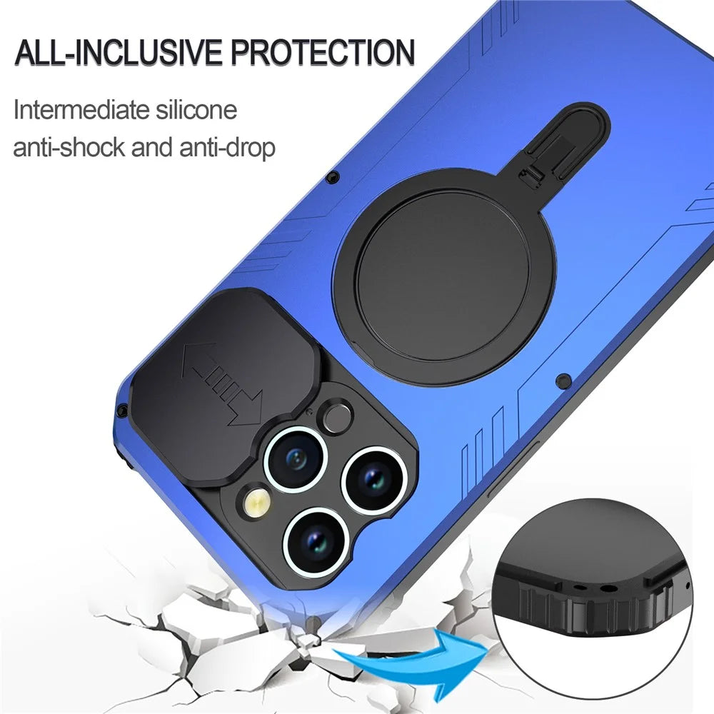 Camera Slider Anti-drop Phone Case for iPhone 15 Pro Max Metal+Silicone Cover with Tempered Glass Film Compatible with MagSafe - Blue - 6