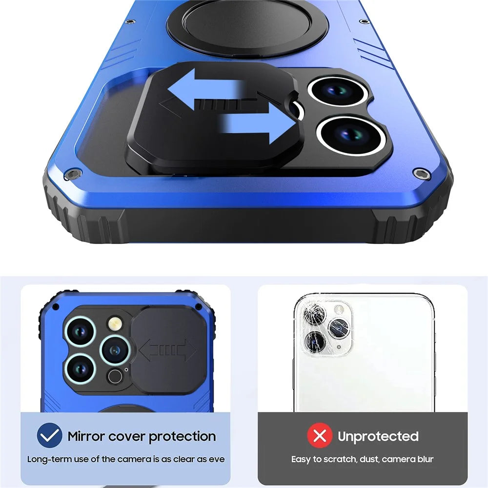 Camera Slider Anti-drop Phone Case for iPhone 15 Pro Max Metal+Silicone Cover with Tempered Glass Film Compatible with MagSafe - Blue - 7