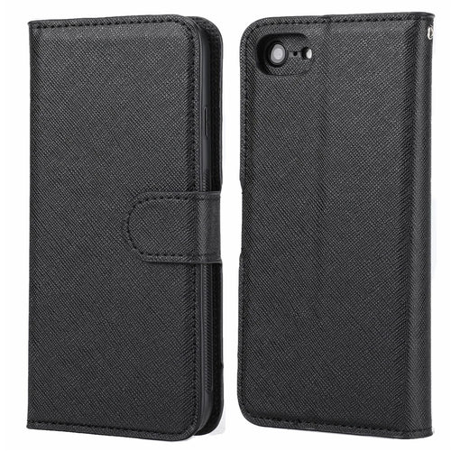 For iPhone 7/8/SE (2020)/SE (2022) Cross Texture Leather Cover + Detachable TPU Back Phone Flip Case - Black - 1