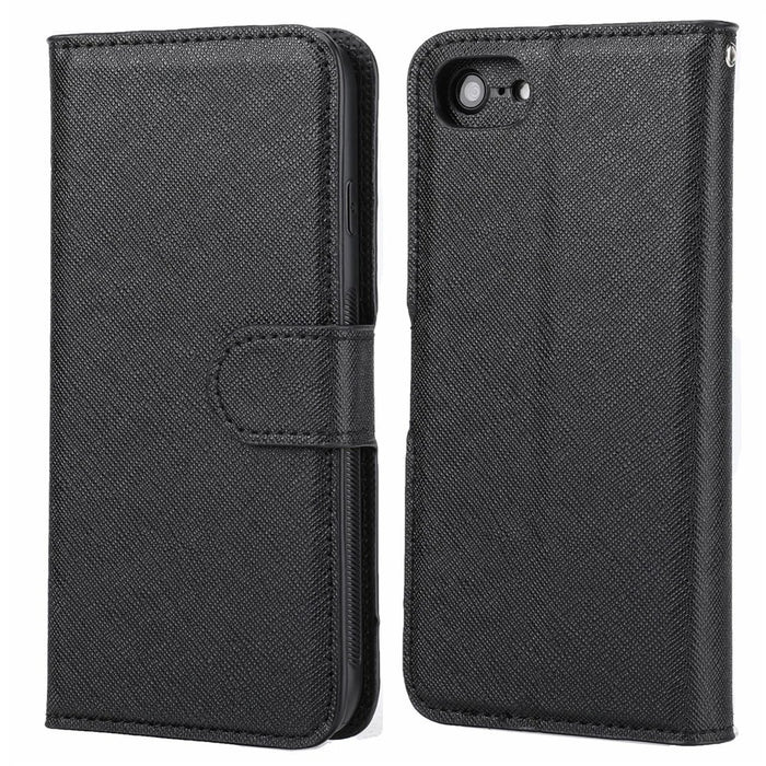 For iPhone 7/8/SE (2020)/SE (2022) Cross Texture Leather Cover + Detachable TPU Back Phone Flip Case - Black - 1
