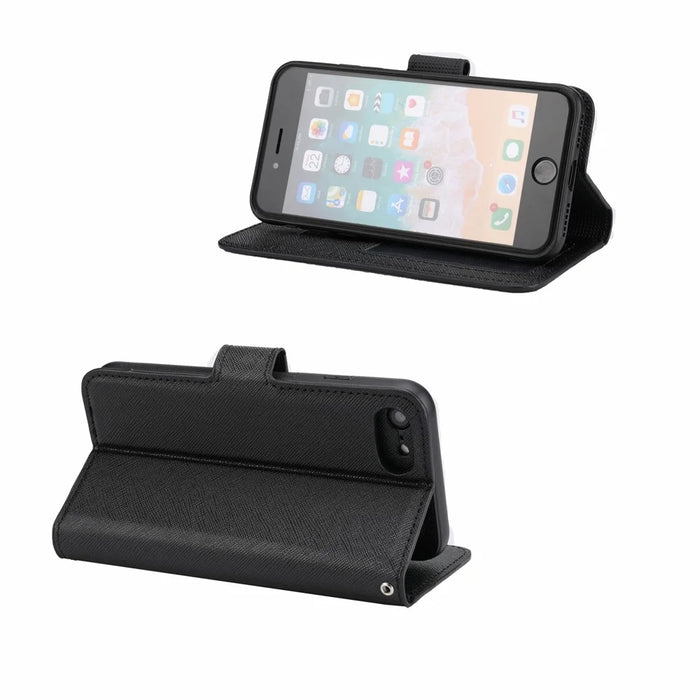 For iPhone 7/8/SE (2020)/SE (2022) Cross Texture Leather Cover + Detachable TPU Back Phone Flip Case - Black - 6