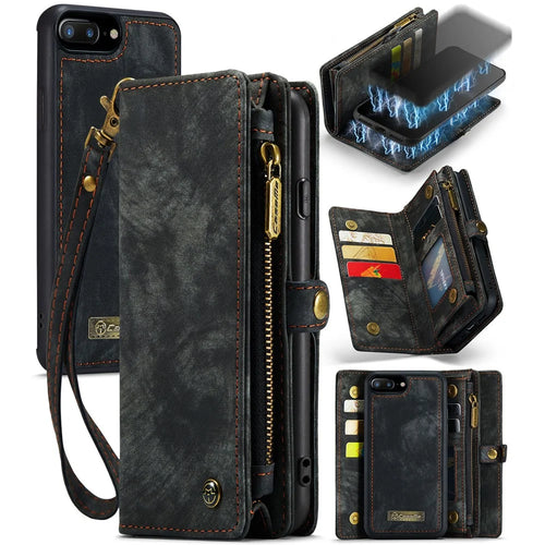 CASEME Vintage PU Leather Case for iPhone 8 Plus / 7 Plus, 008 Series 2-in-1 PC Multi-slot Wallet Phone Case - Black - 1
