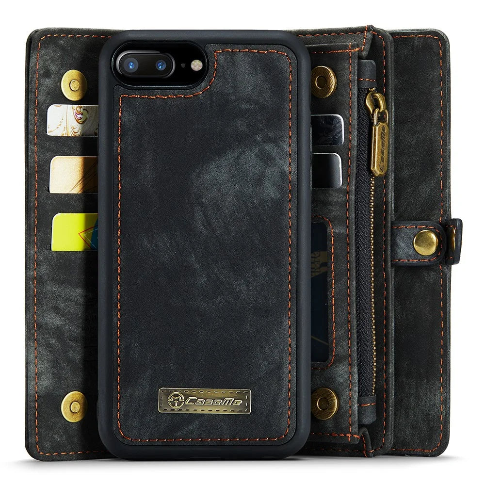 CASEME Vintage PU Leather Case for iPhone 8 Plus / 7 Plus, 008 Series 2-in-1 PC Multi-slot Wallet Phone Case - Black - 3
