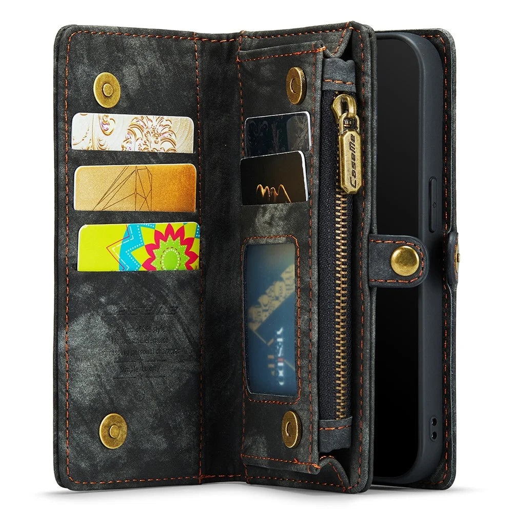 CASEME Vintage PU Leather Case for iPhone 8 Plus / 7 Plus, 008 Series 2-in-1 PC Multi-slot Wallet Phone Case - Black - 4