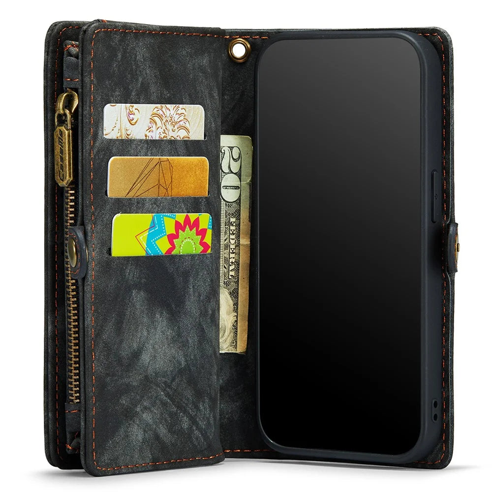 CASEME Vintage PU Leather Case for iPhone 8 Plus / 7 Plus, 008 Series 2-in-1 PC Multi-slot Wallet Phone Case - Black - 5