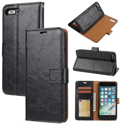 For iPhone 8 Plus / 7 Plus 5.5 Crazy Horse Texture Phone Case Folio Flip Detachable Stand Magnetic Cover with Strap - Black - 1