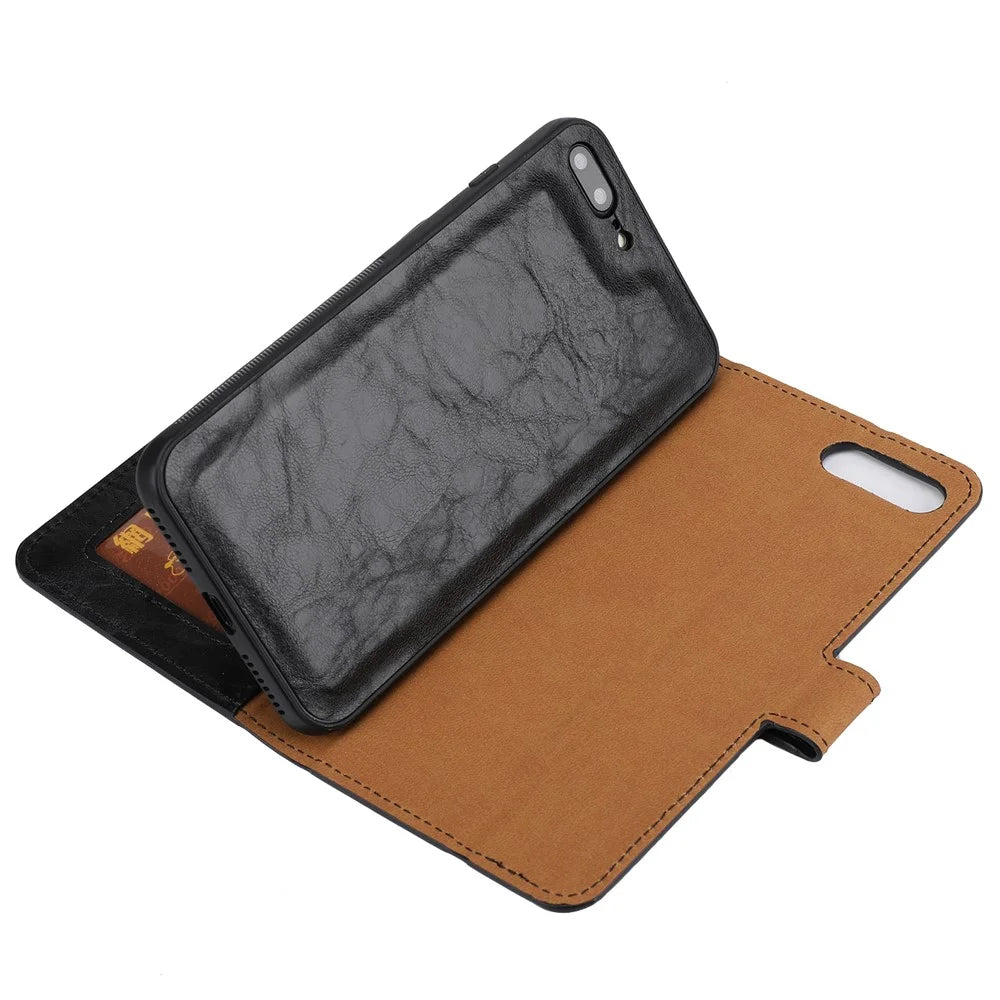 For iPhone 8 Plus / 7 Plus 5.5 Crazy Horse Texture Phone Case Folio Flip Detachable Stand Magnetic Cover with Strap - Black - 6