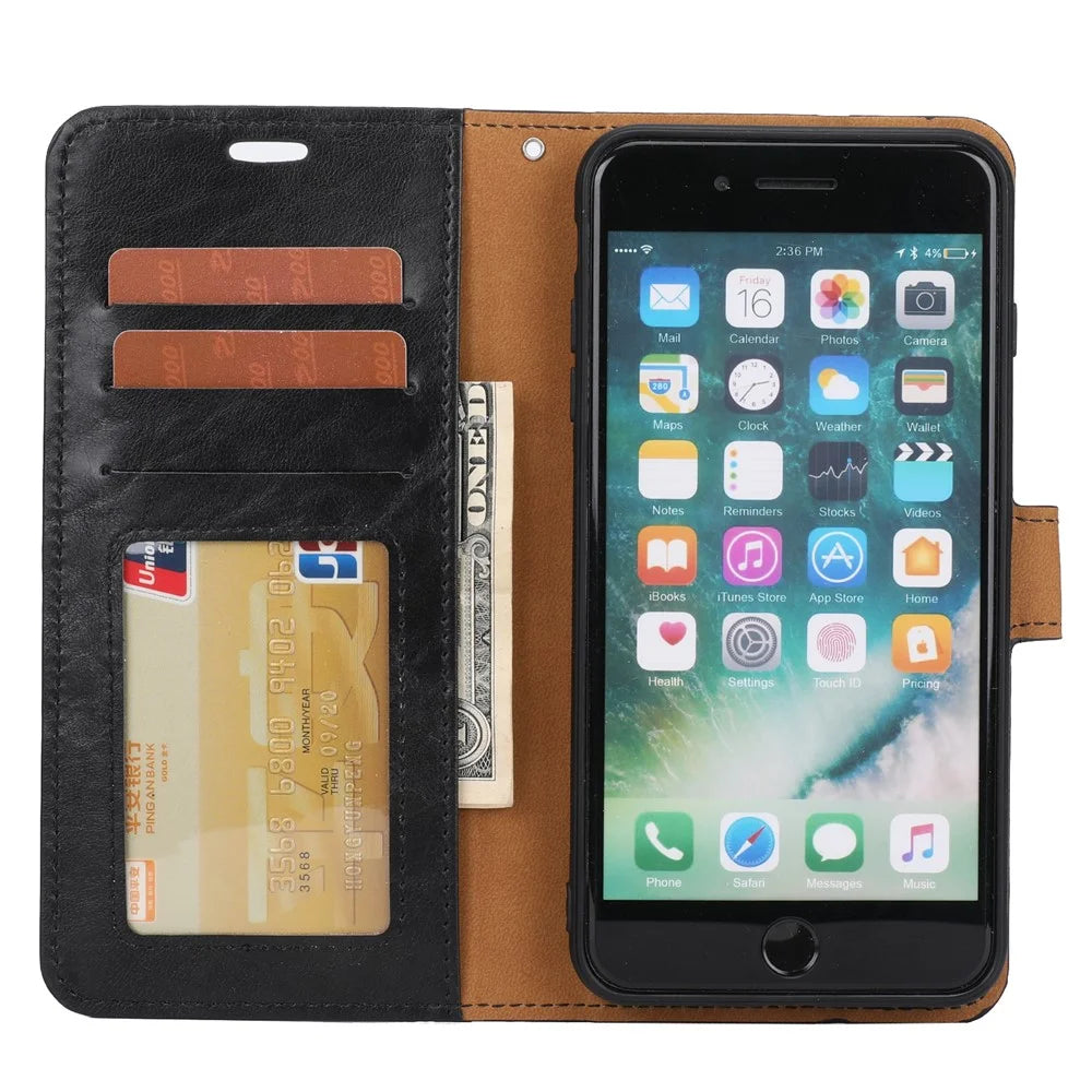 For iPhone 8 Plus / 7 Plus 5.5 Crazy Horse Texture Phone Case Folio Flip Detachable Stand Magnetic Cover with Strap - Black - 7