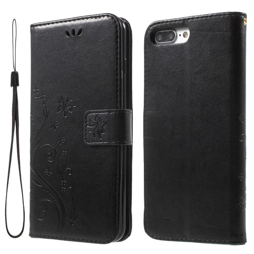 Imprinted Butterfly Leather Wallet Cover with Wrist Strap for iPhone 8 Plus / 7 Plus 5.5 inch - Black - 1
