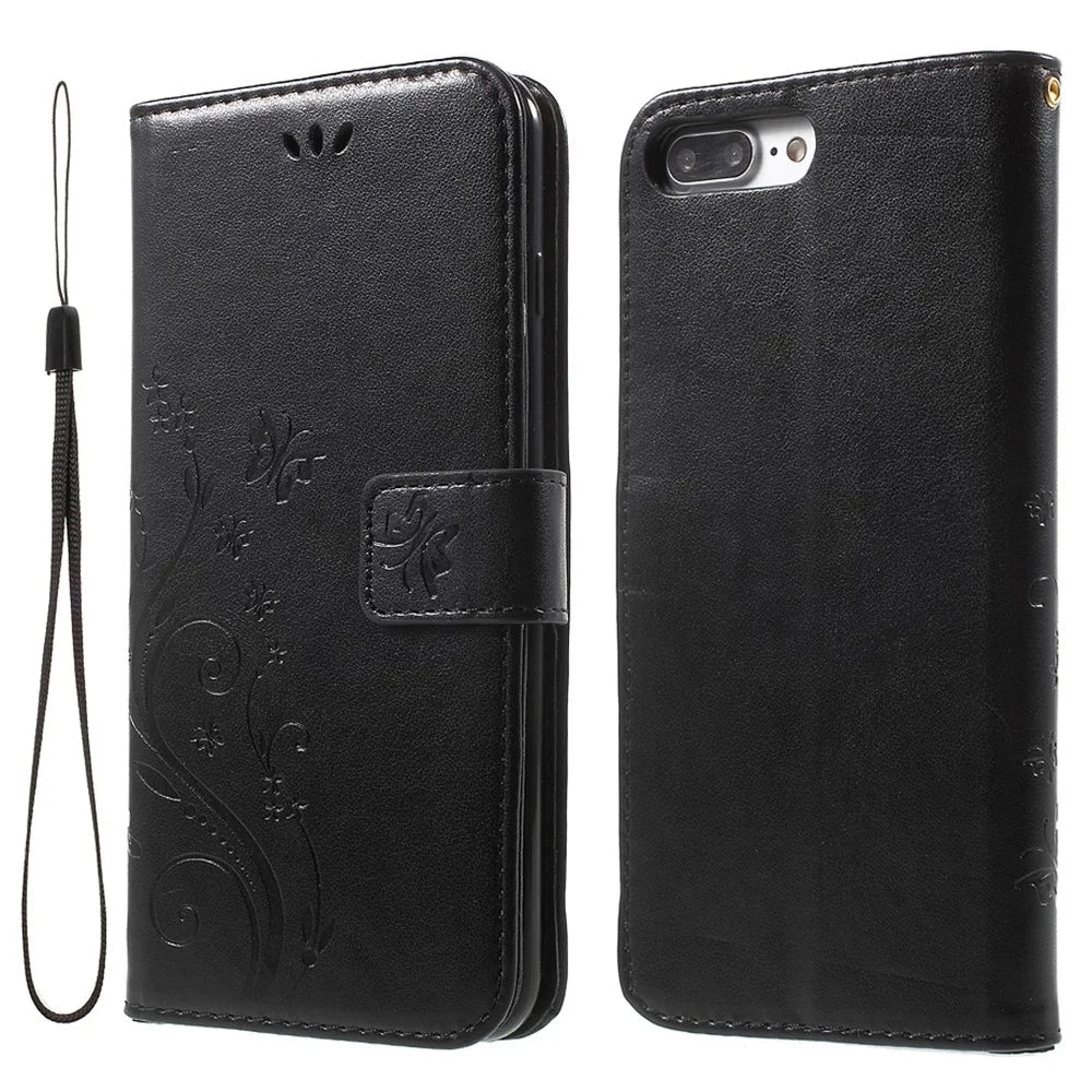 Imprinted Butterfly Leather Wallet Cover with Wrist Strap for iPhone 8 Plus / 7 Plus 5.5 inch - Black - 1