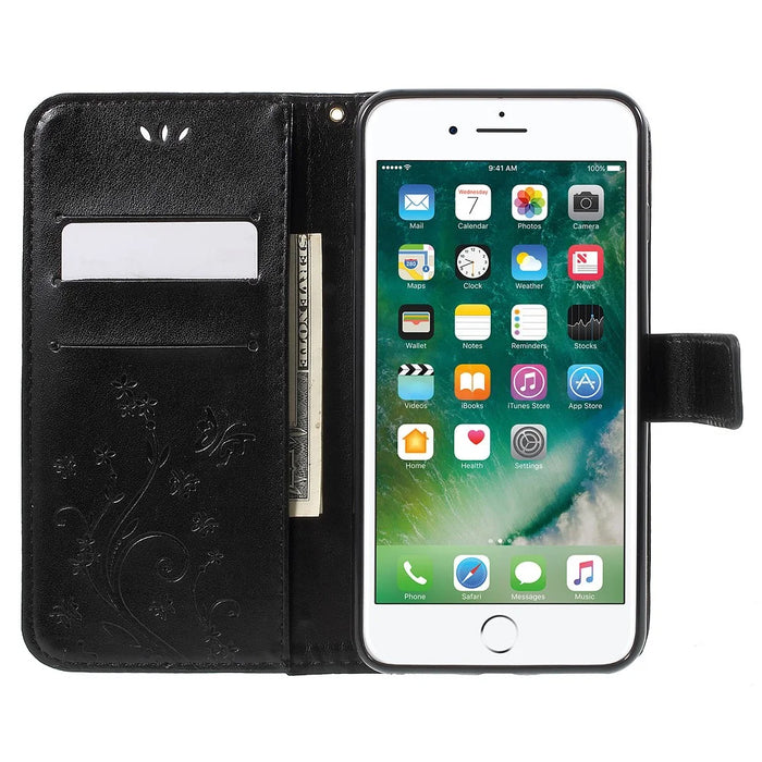 Imprinted Butterfly Leather Wallet Cover with Wrist Strap for iPhone 8 Plus / 7 Plus 5.5 inch - Black - 4