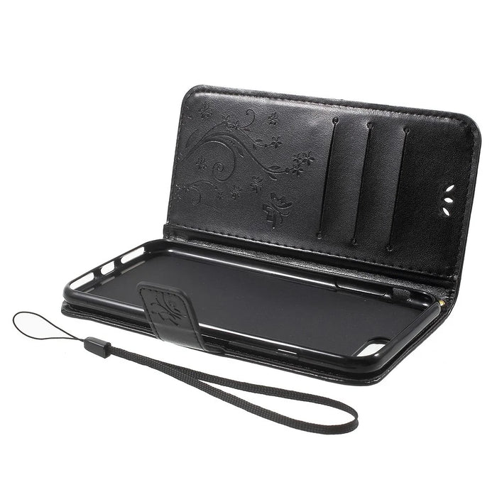 Imprinted Butterfly Leather Wallet Cover with Wrist Strap for iPhone 8 Plus / 7 Plus 5.5 inch - Black - 5