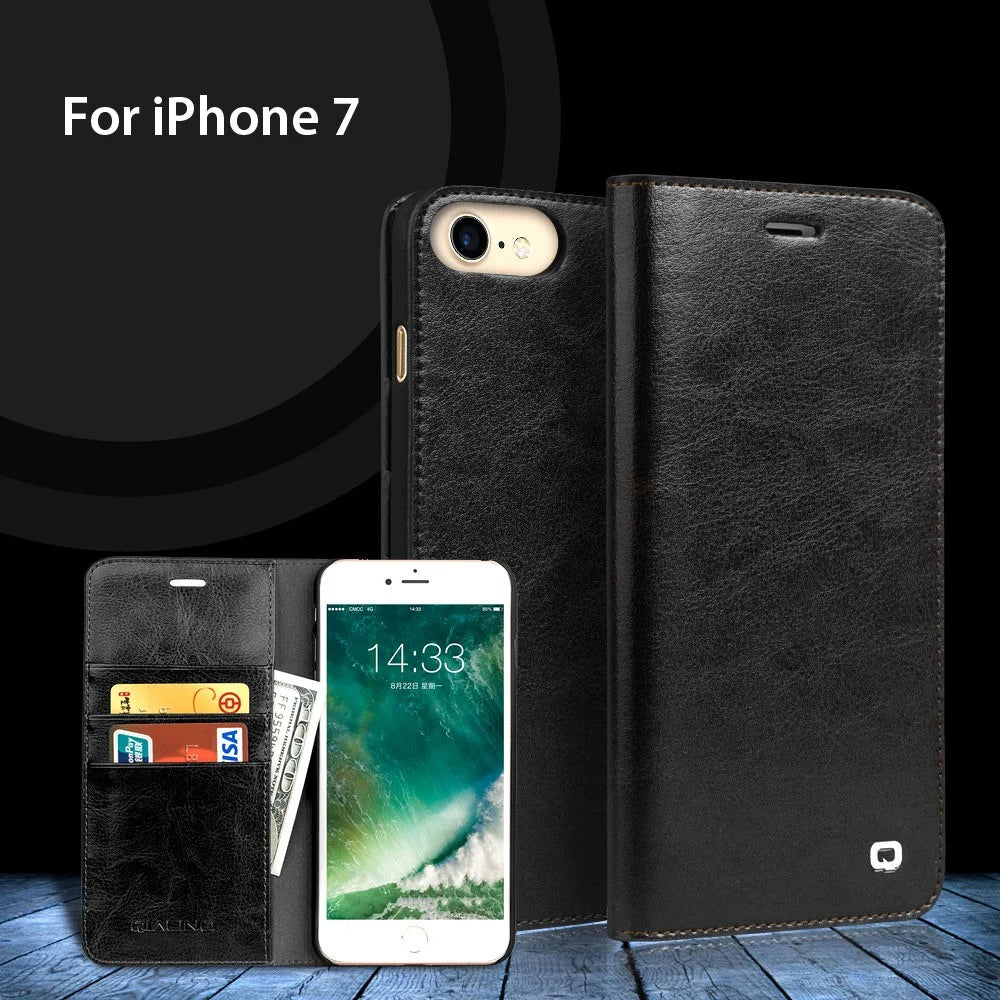 QIALINO Genuine Leather Phone Case for iPhone SE (2020) / SE (2022) / 8 / 7 4.7 inch inch Crazy Horse Texture Wallet Phone Cover - Black - 6
