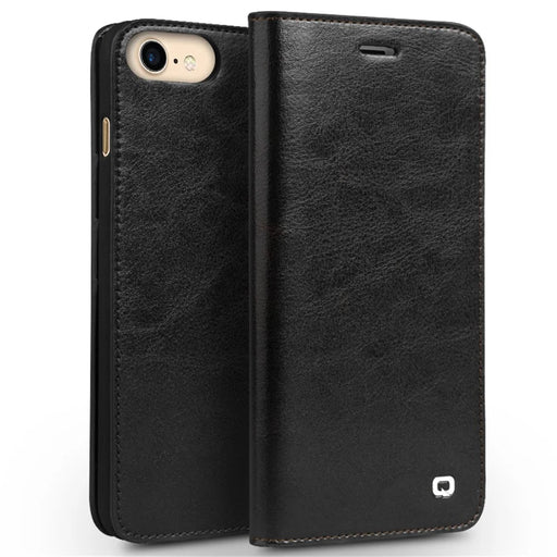 QIALINO Genuine Leather Phone Case for iPhone SE (2020) / SE (2022) / 8 / 7 4.7 inch inch Crazy Horse Texture Wallet Phone Cover - Black - 1