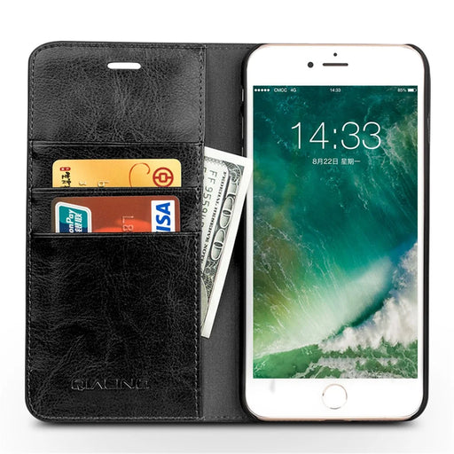 QIALINO Genuine Leather Phone Case for iPhone SE (2020) / SE (2022) / 8 / 7 4.7 inch inch Crazy Horse Texture Wallet Phone Cover - Black - 2