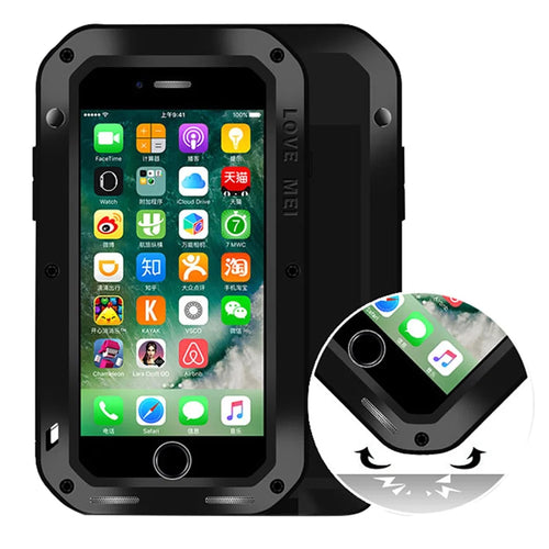 LOVE MEI Shockproof Metal+Silicone Phone Case with Temepered Glass Film for iPhone SE (2020) / SE (2022) / 8 / 7 4.7 inch - Black - 1