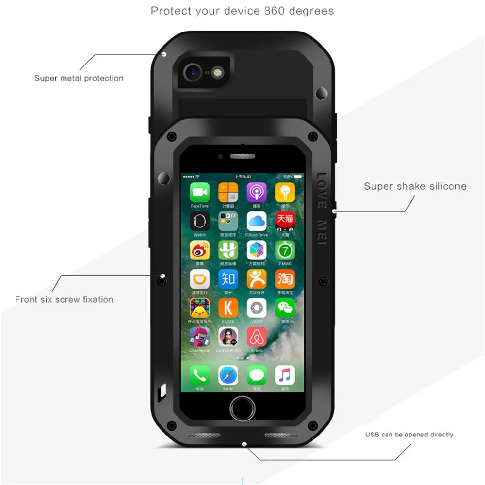 LOVE MEI Shockproof Metal+Silicone Phone Case with Temepered Glass Film for iPhone SE (2020) / SE (2022) / 8 / 7 4.7 inch - Black - 4