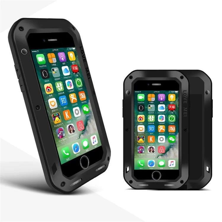 LOVE MEI Metal + Silicone Shockproof Snowproof Dirtproof Protective Case with Temepered Glass Film for iPhone 8 Plus / 7 Plus - Black - 1