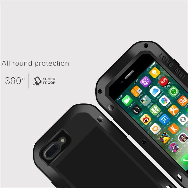 LOVE MEI Metal + Silicone Shockproof Snowproof Dirtproof Protective Case with Temepered Glass Film for iPhone 8 Plus / 7 Plus - Black - 7