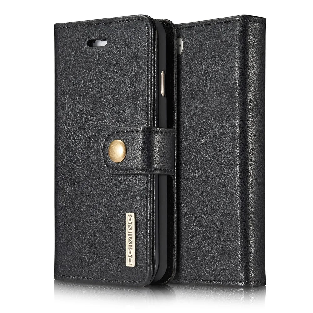 DG.MING Split Leather Wallet Cover with Detachable PC Back Shell for iPhone SE (2020) / SE (2022) / 8 / 7 - Black - 1