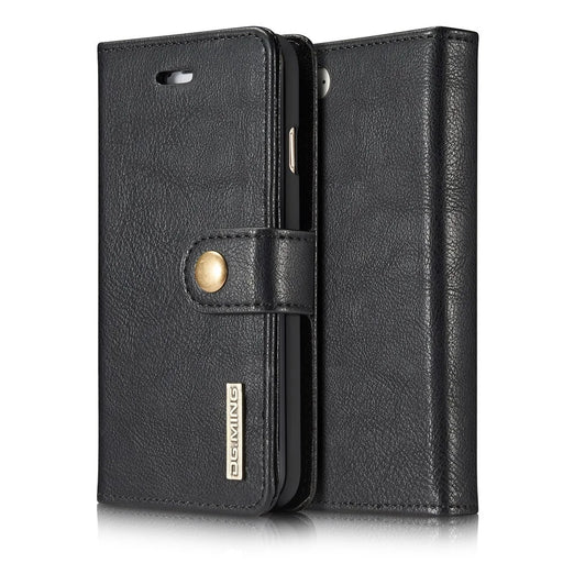 DG.MING Split Leather Wallet Cover with Detachable PC Back Shell for iPhone SE (2020) / SE (2022) / 8 / 7 - Black - 1