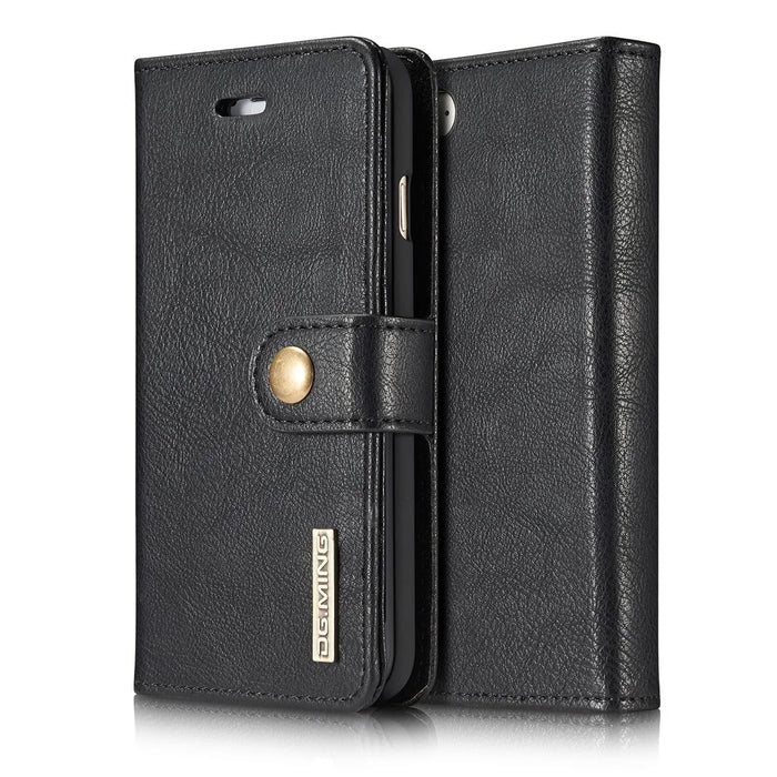 DG.MING Split Leather Wallet Cover with Detachable PC Back Shell for iPhone SE (2020) / SE (2022) / 8 / 7 - Black - 1