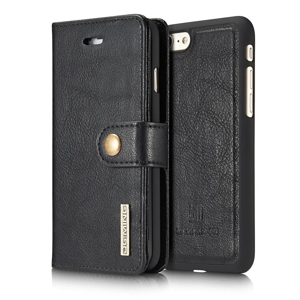DG.MING Split Leather Wallet Cover with Detachable PC Back Shell for iPhone SE (2020) / SE (2022) / 8 / 7 - Black - 2