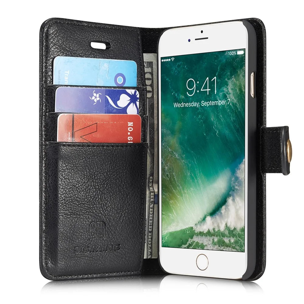 DG.MING Split Leather Wallet Cover with Detachable PC Back Shell for iPhone SE (2020) / SE (2022) / 8 / 7 - Black - 6