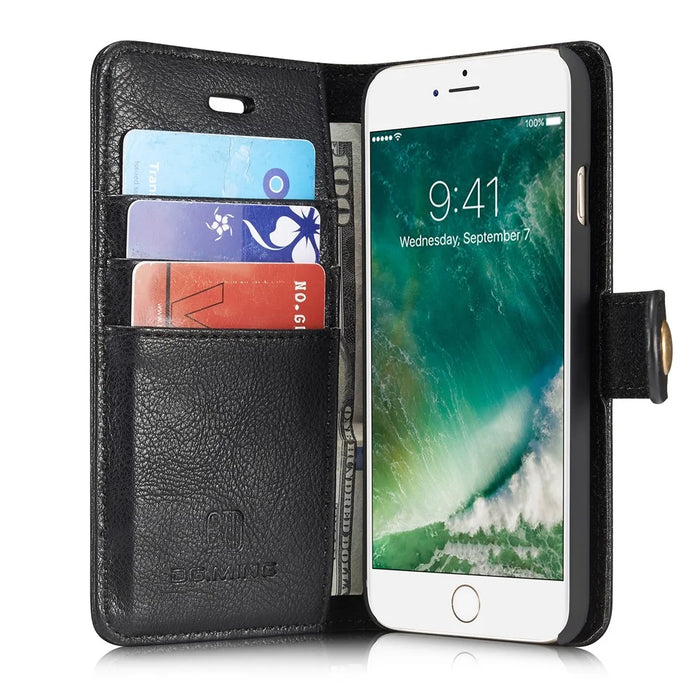 DG.MING Split Leather Wallet Cover with Detachable PC Back Shell for iPhone SE (2020) / SE (2022) / 8 / 7 - Black - 6