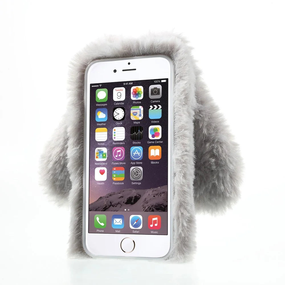 For iPhone 6s 6 Cute Rabbit Bunny Warm Fur Soft TPU Phone Case - Grey - 3