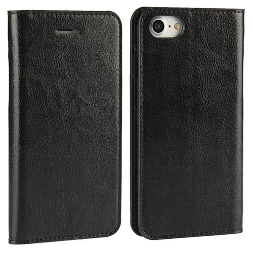 For iPhone SE (2020)/SE (2022)/8/7 4.7 inch Oiled-edging Crazy Horse Genuine Leather Attached Hard PC Inner Case Wallet Stand Flip Phone Cover - Black - 1