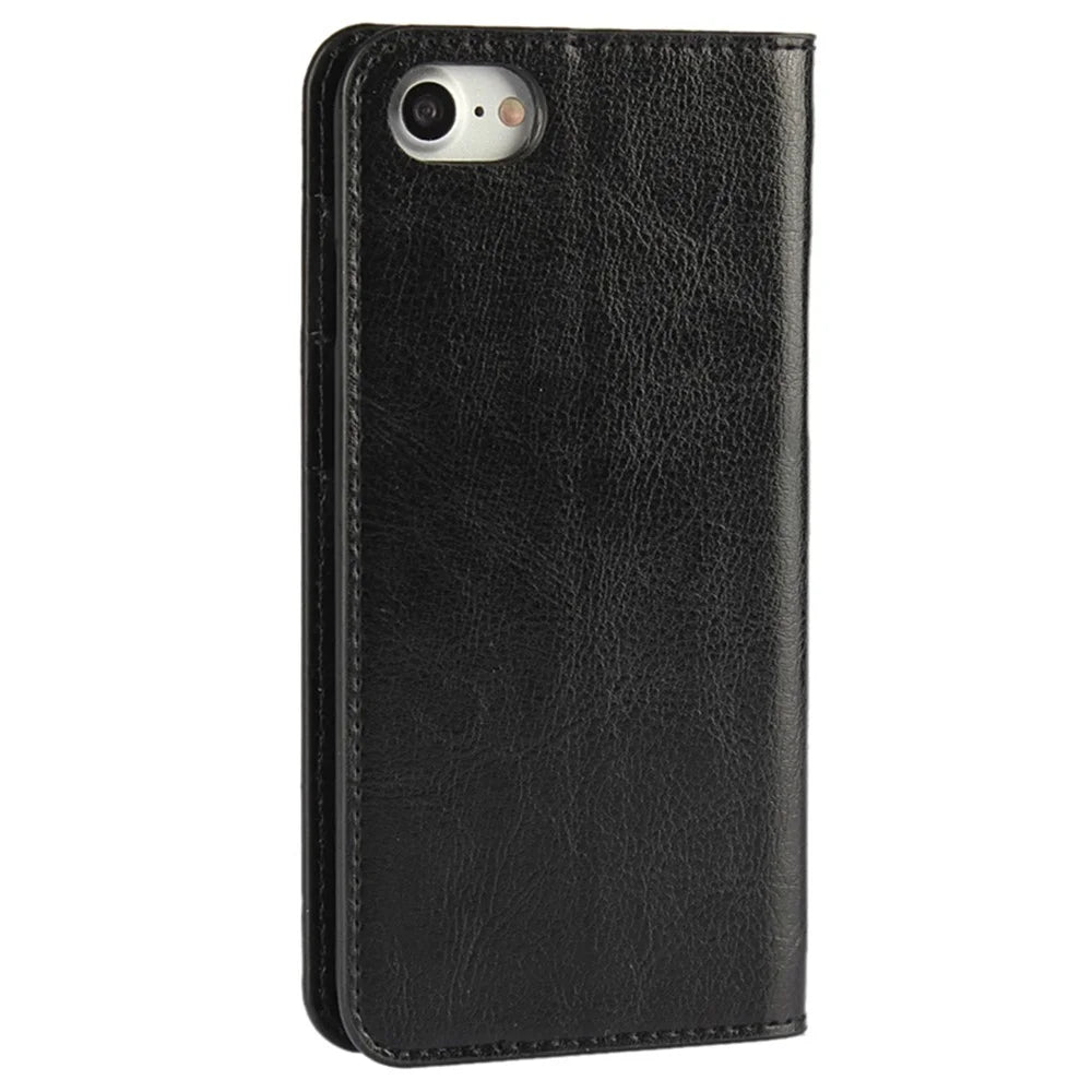 For iPhone SE (2020)/SE (2022)/8/7 4.7 inch Oiled-edging Crazy Horse Genuine Leather Attached Hard PC Inner Case Wallet Stand Flip Phone Cover - Black - 3