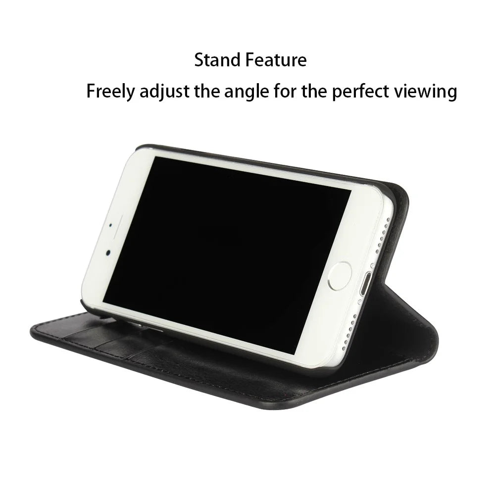For iPhone SE (2020)/SE (2022)/8/7 4.7 inch Oiled-edging Crazy Horse Genuine Leather Attached Hard PC Inner Case Wallet Stand Flip Phone Cover - Black - 4