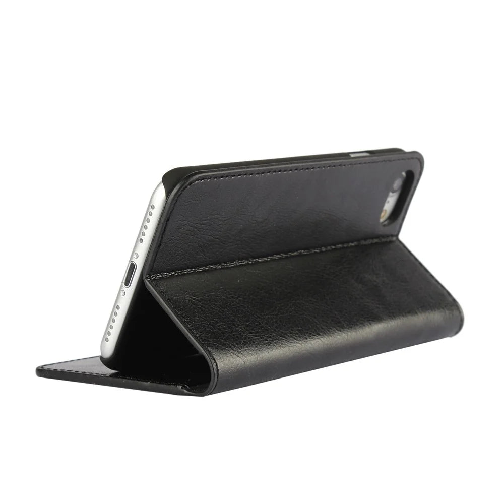 For iPhone SE (2020)/SE (2022)/8/7 4.7 inch Oiled-edging Crazy Horse Genuine Leather Attached Hard PC Inner Case Wallet Stand Flip Phone Cover - Black - 5