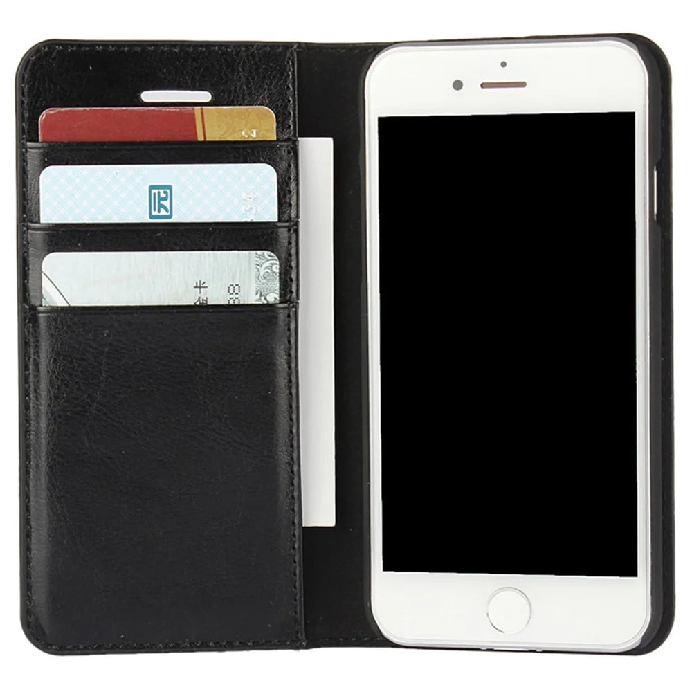 For iPhone SE (2020)/SE (2022)/8/7 4.7 inch Oiled-edging Crazy Horse Genuine Leather Attached Hard PC Inner Case Wallet Stand Flip Phone Cover - Black - 6